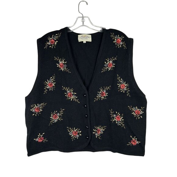 Vintage Susan Bristol Embroidered Black Wool Blend Vest Size 2W - Picture 1 of 9